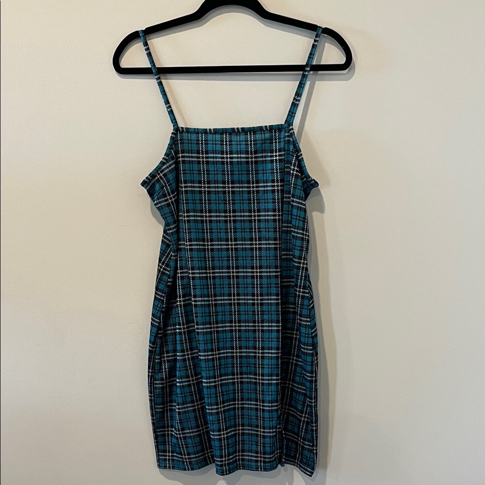 Teal Plaid Spaghetti-Strap Mini Dress